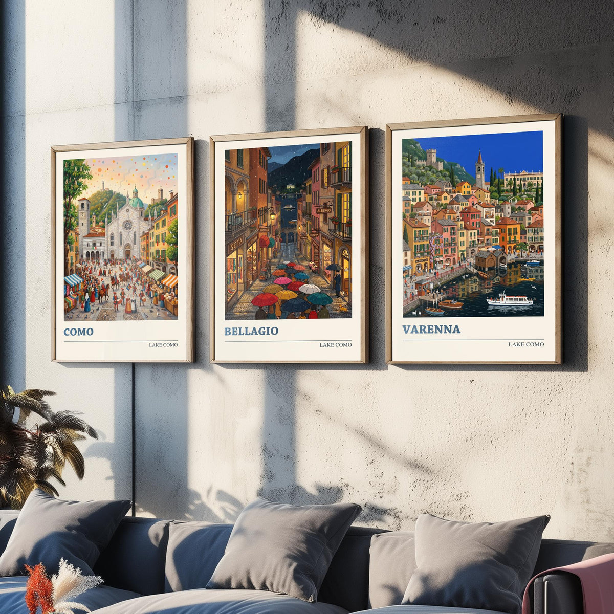 Lake Como Set of Three Art Prints - Como, Bellagio, Varenna - 3 Colourful Folk Illustration Travel Posters - Italian Painting