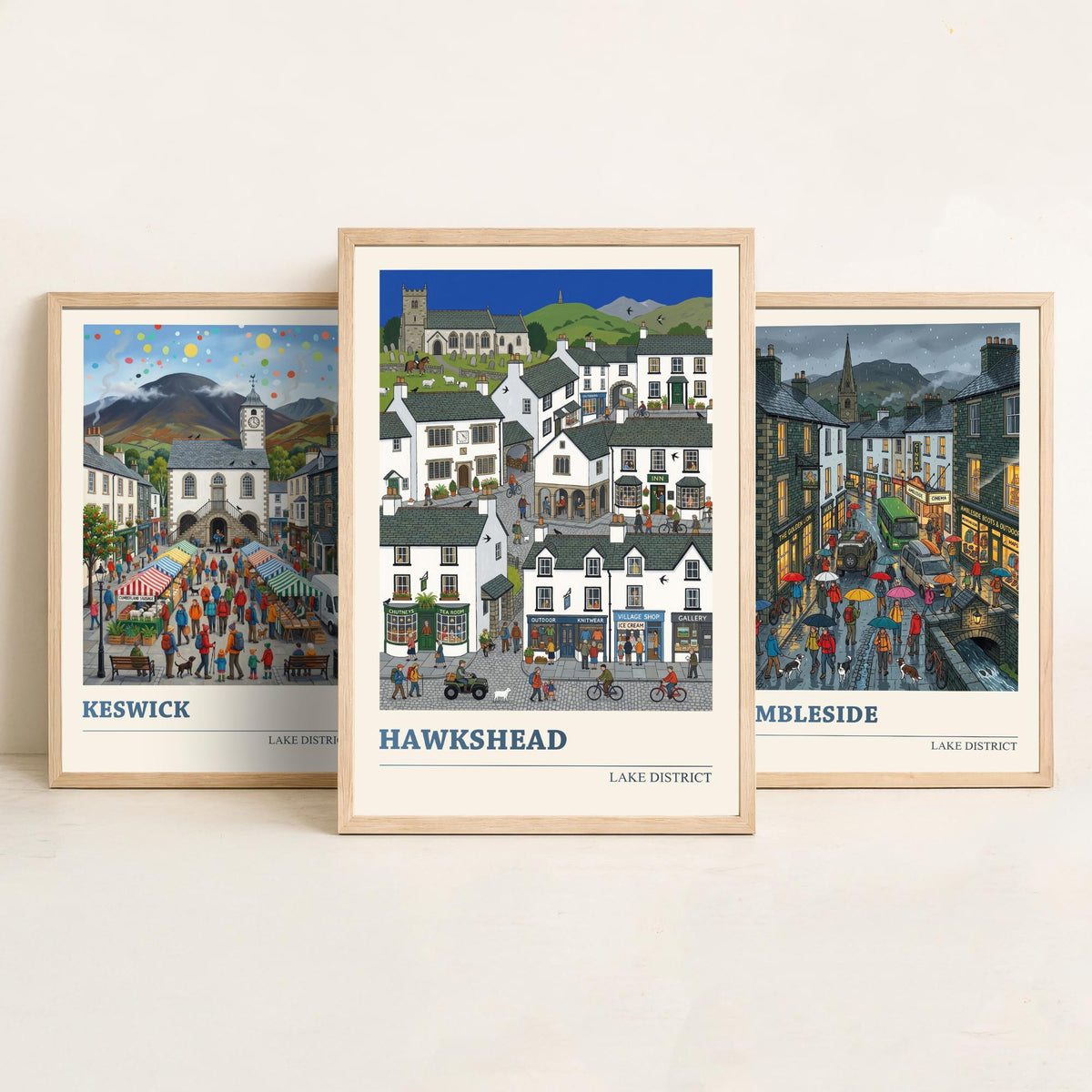 Lake District Set of Three Art Prints - Keswick, Ambleside, Hawkshead - 3 Colourful Folk Illustration Travel Posters - Lakeland Painting