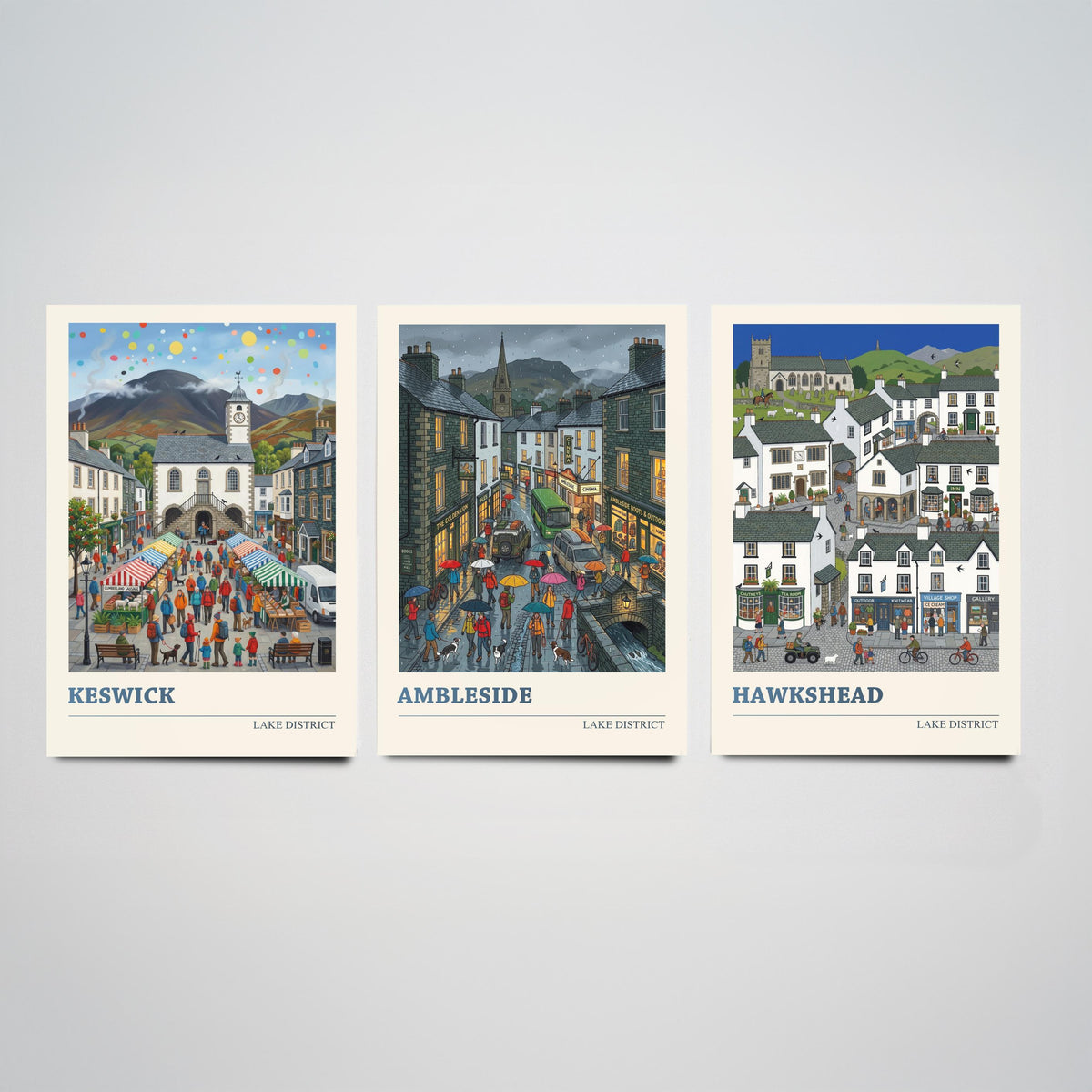 Lake District Set of Three Art Prints - Keswick, Ambleside, Hawkshead - 3 Colourful Folk Illustration Travel Posters - Lakeland Painting