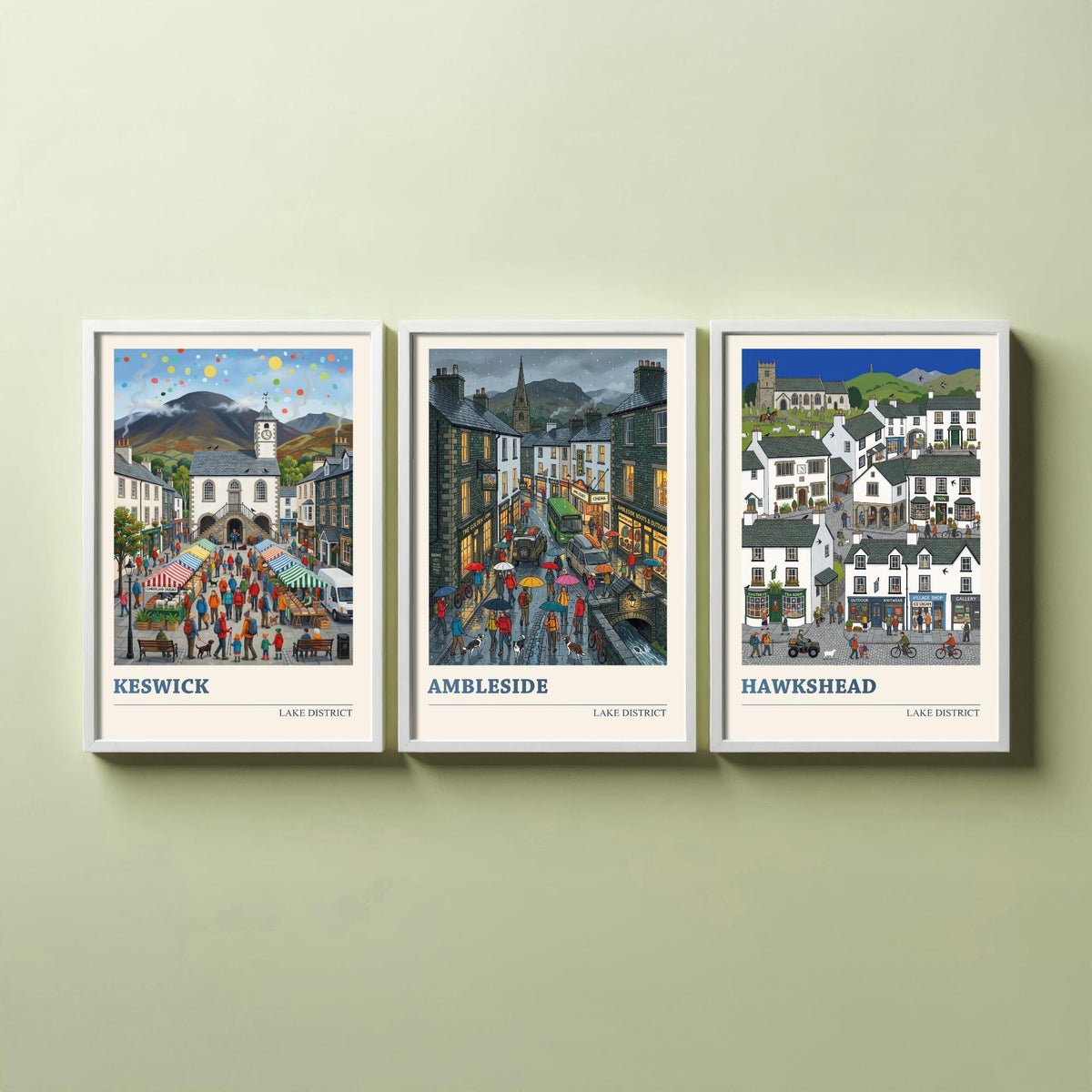 Lake District Set of Three Art Prints - Keswick, Ambleside, Hawkshead - 3 Colourful Folk Illustration Travel Posters - Lakeland Painting