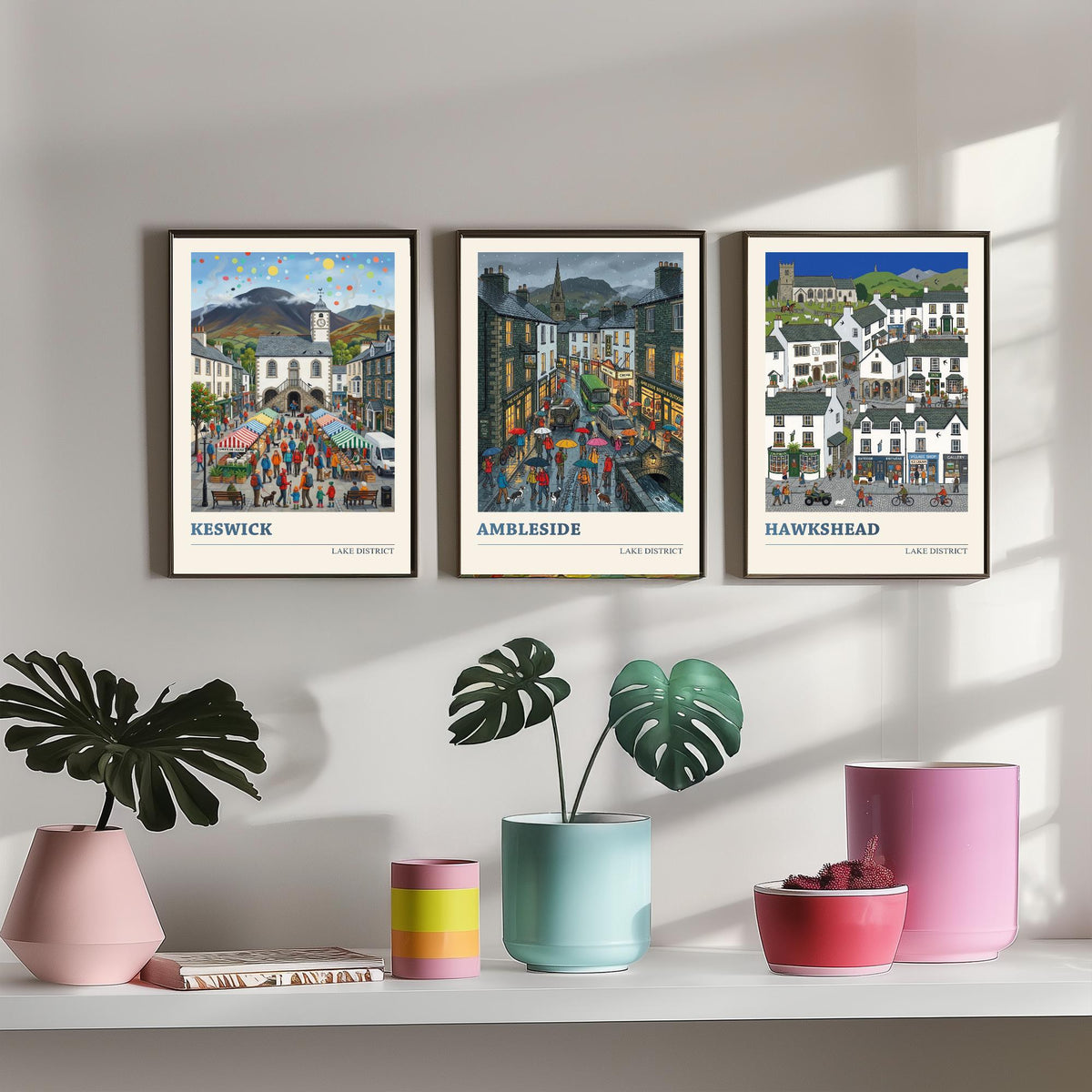 Lake District Set of Three Art Prints - Keswick, Ambleside, Hawkshead - 3 Colourful Folk Illustration Travel Posters - Lakeland Painting