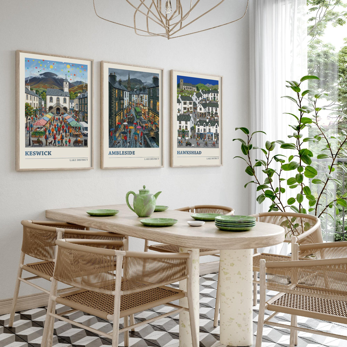Lake District Set of Three Art Prints - Keswick, Ambleside, Hawkshead - 3 Colourful Folk Illustration Travel Posters - Lakeland Painting