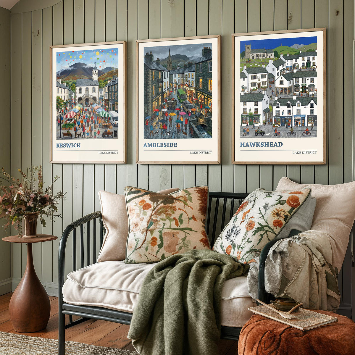 Lake District Set of Three Art Prints - Keswick, Ambleside, Hawkshead - 3 Colourful Folk Illustration Travel Posters - Lakeland Painting
