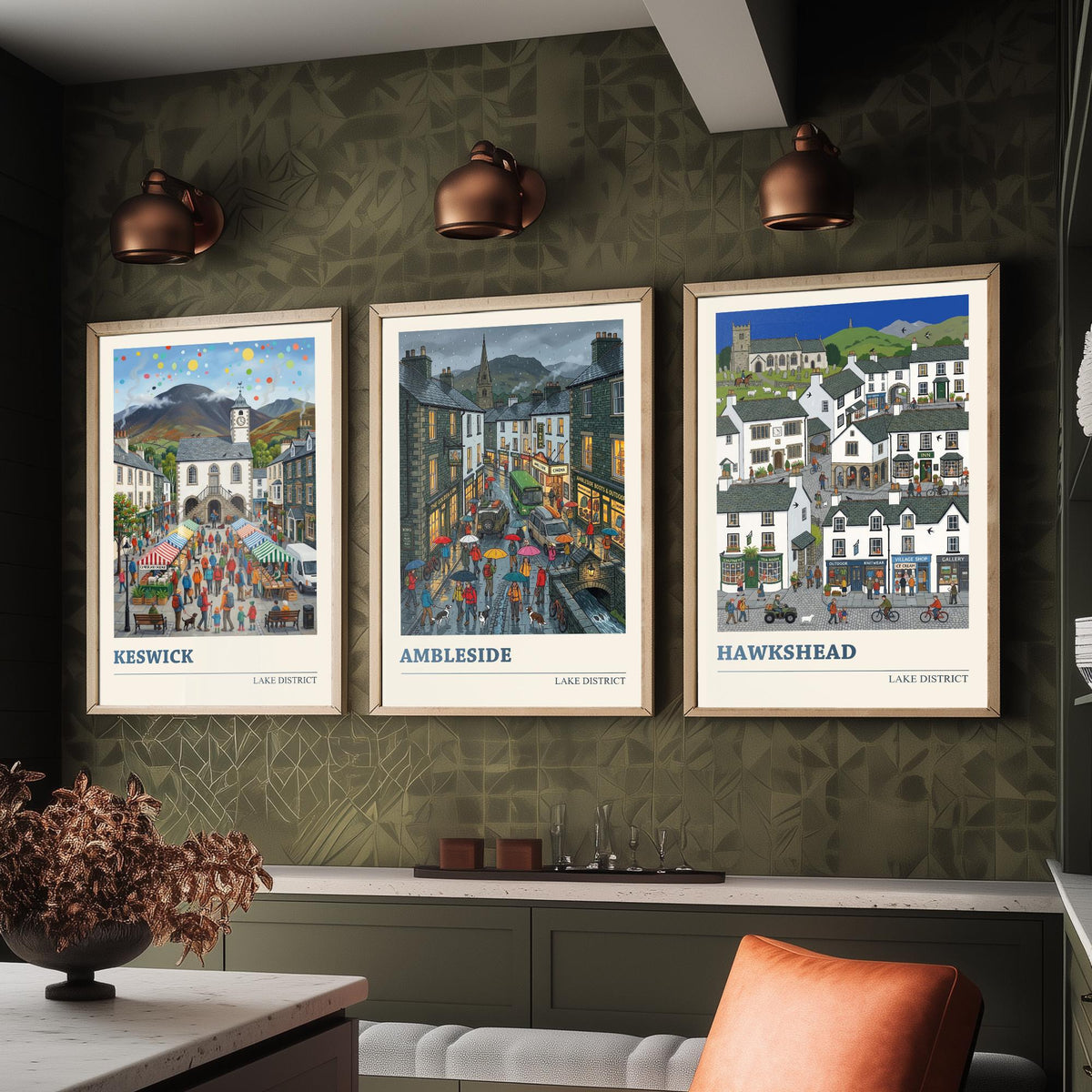 Lake District Set of Three Art Prints - Keswick, Ambleside, Hawkshead - 3 Colourful Folk Illustration Travel Posters - Lakeland Painting