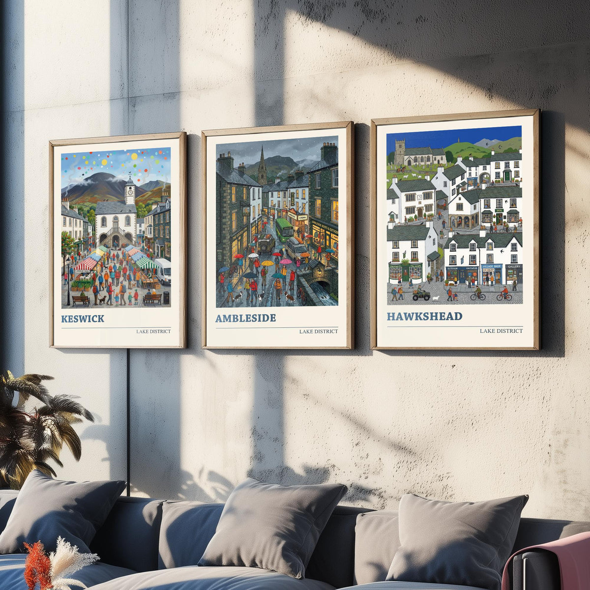 Lake District Set of Three Art Prints - Keswick, Ambleside, Hawkshead - 3 Colourful Folk Illustration Travel Posters - Lakeland Painting