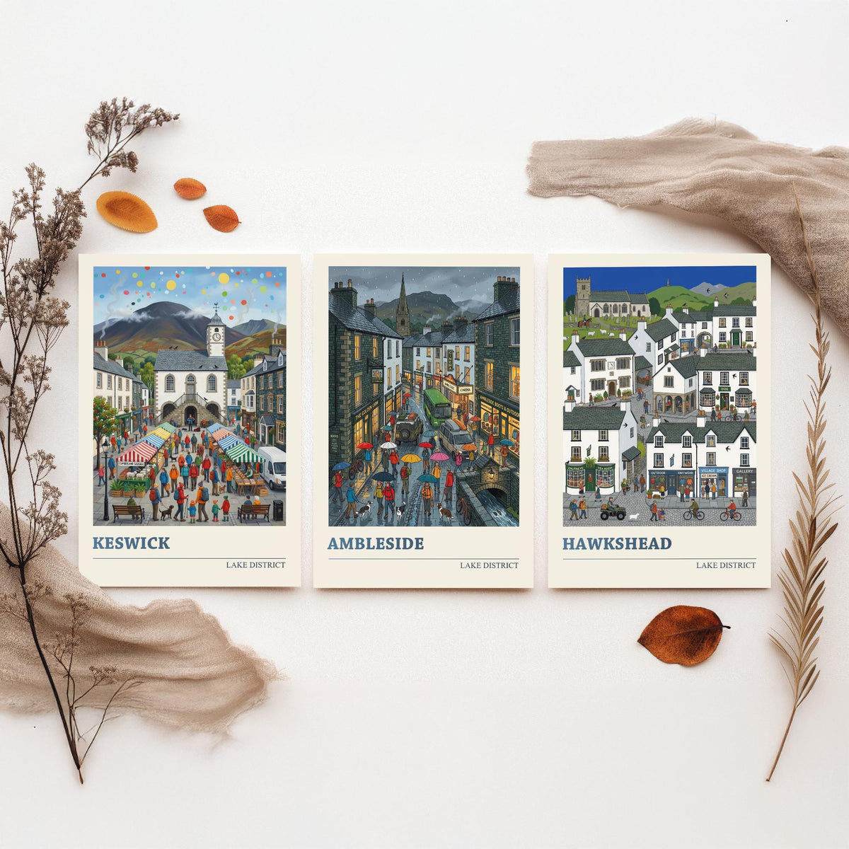 Lake District Set of Three Art Prints - Keswick, Ambleside, Hawkshead - 3 Colourful Folk Illustration Travel Posters - Lakeland Painting