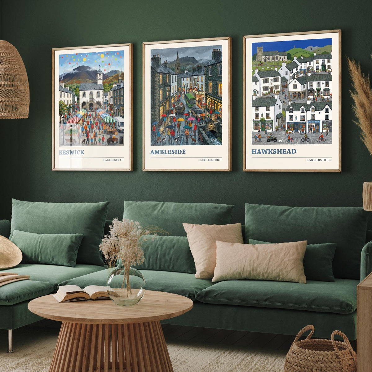 Lake District Set of Three Art Prints - Keswick, Ambleside, Hawkshead - 3 Colourful Folk Illustration Travel Posters - Lakeland Painting