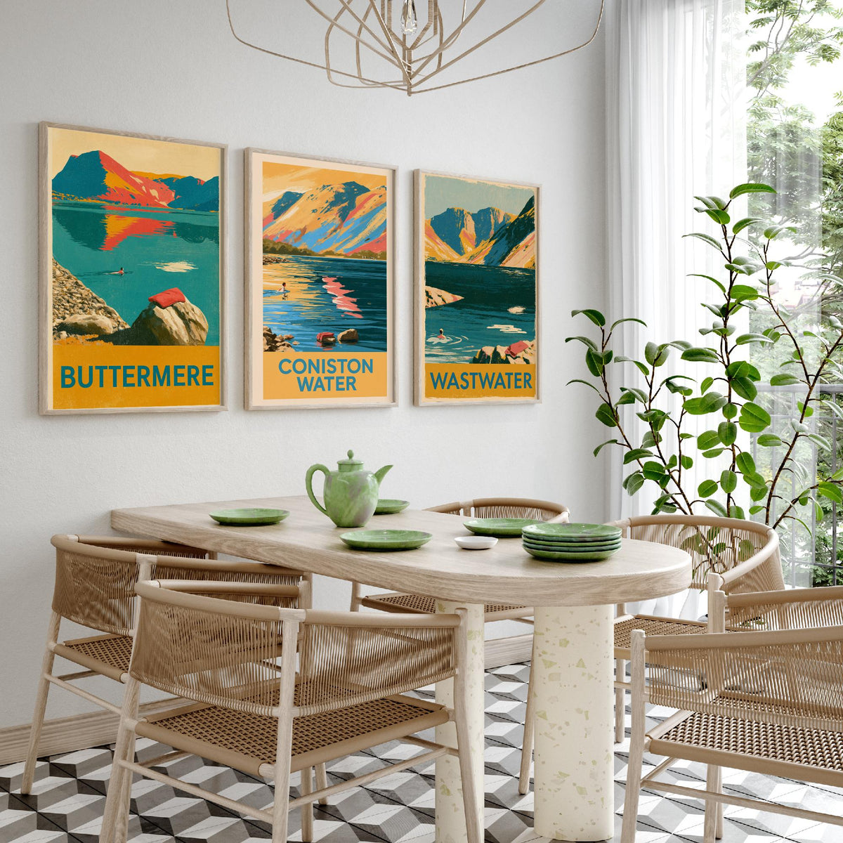 Lake District Swimming Set of Three Art Prints - Buttermere, Coniston Water, Wastwater - Vintage Cold Water Swim Poster Illustration V2