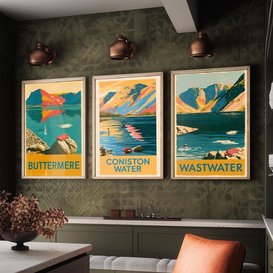 Lake District Swimming Set of Three Art Prints - Buttermere, Coniston Water, Wastwater - Vintage Cold Water Swim Poster Illustration V2