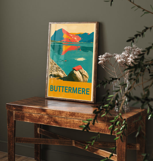 Buttermere Wild Swimming Travel Poster - Lake District Art Print - Vintage Cold Water Swim Illustration - Cumbria Lakes