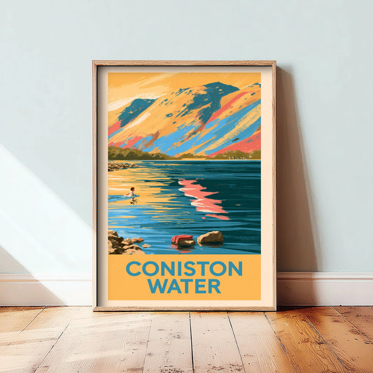 Coniston Water Wild Swimming Travel Poster - Lake District Art Print - Vintage Cold Water Swim Illustration - Cumbria Lakes