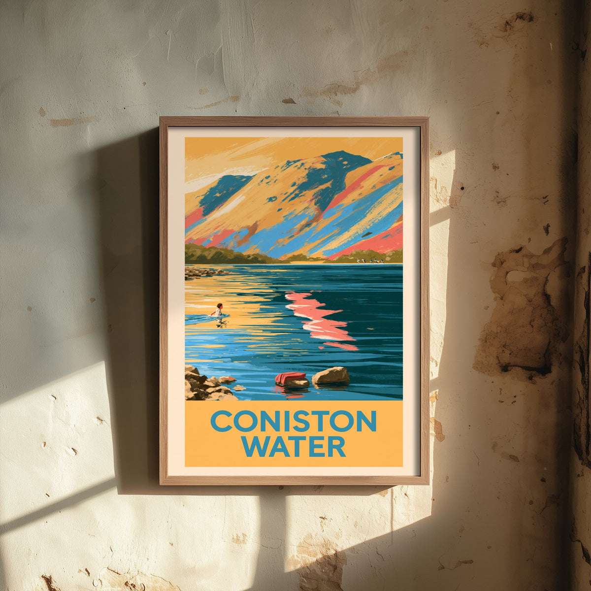 Coniston Water Wild Swimming Travel Poster - Lake District Art Print - Vintage Cold Water Swim Illustration - Cumbria Lakes