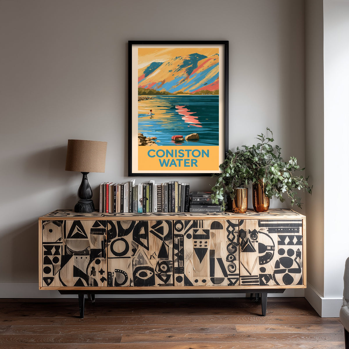 Coniston Water Wild Swimming Travel Poster - Lake District Art Print - Vintage Cold Water Swim Illustration - Cumbria Lakes