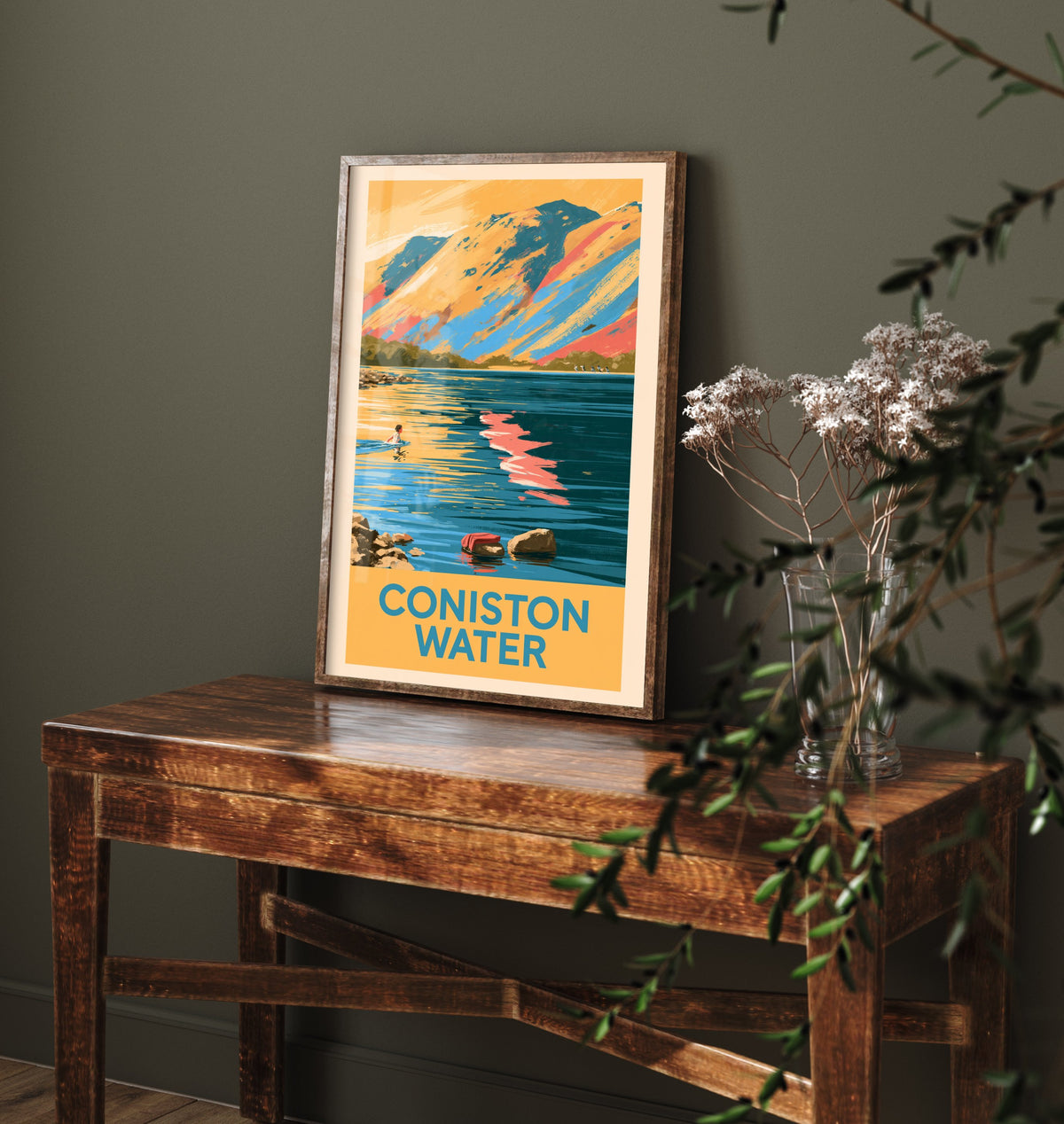Coniston Water Wild Swimming Travel Poster - Lake District Art Print - Vintage Cold Water Swim Illustration - Cumbria Lakes