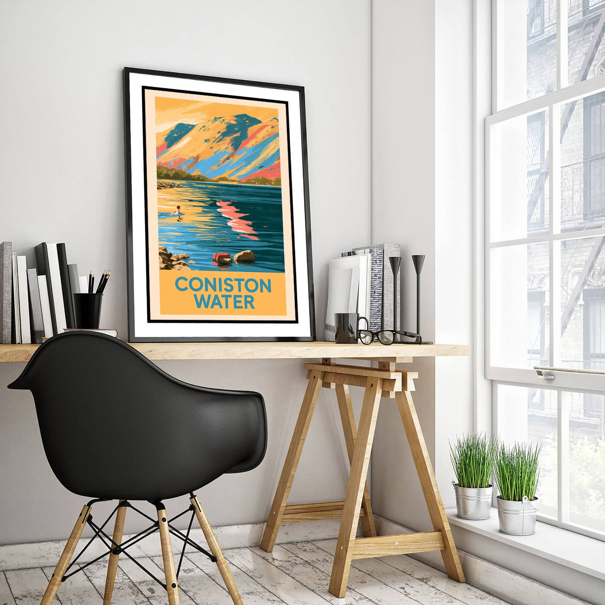 Coniston Water Wild Swimming Travel Poster - Lake District Art Print - Vintage Cold Water Swim Illustration - Cumbria Lakes