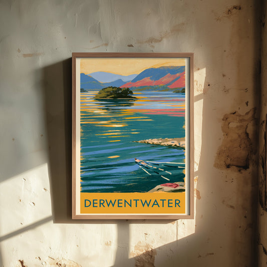Derwentwater Wild Swimming Travel Poster - Lake District Art Print - Vintage Cold Water Swim Illustration - Cumbria Lakes
