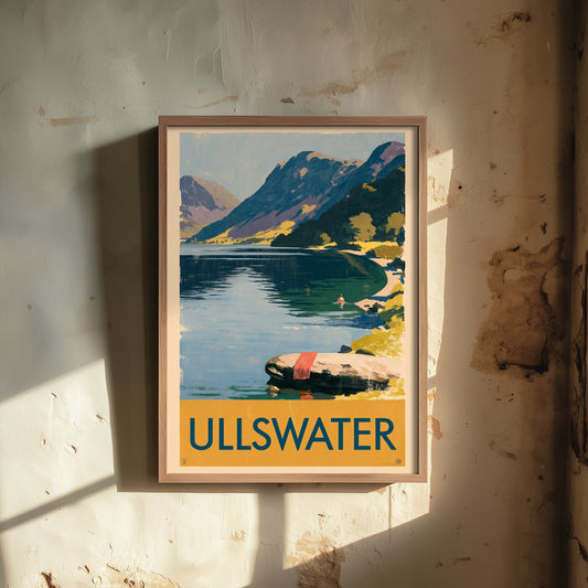 Ullswater Wild Swimming Travel Poster - Lake District Art Print - Vintage Cold Water Swim Illustration - Cumbria Lakes