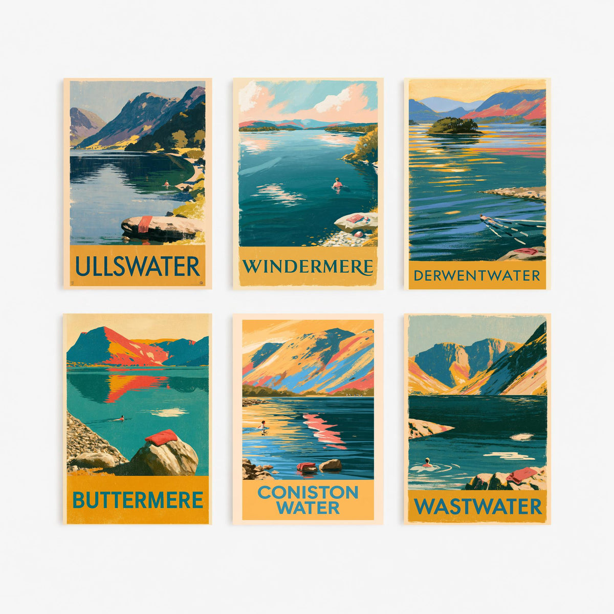 Set of Six Lake District Swimming Art Prints - 6 Vintage Wild Swim Poster Illustrations - Ullswater, Windermere, Derwentwater, Buttermere