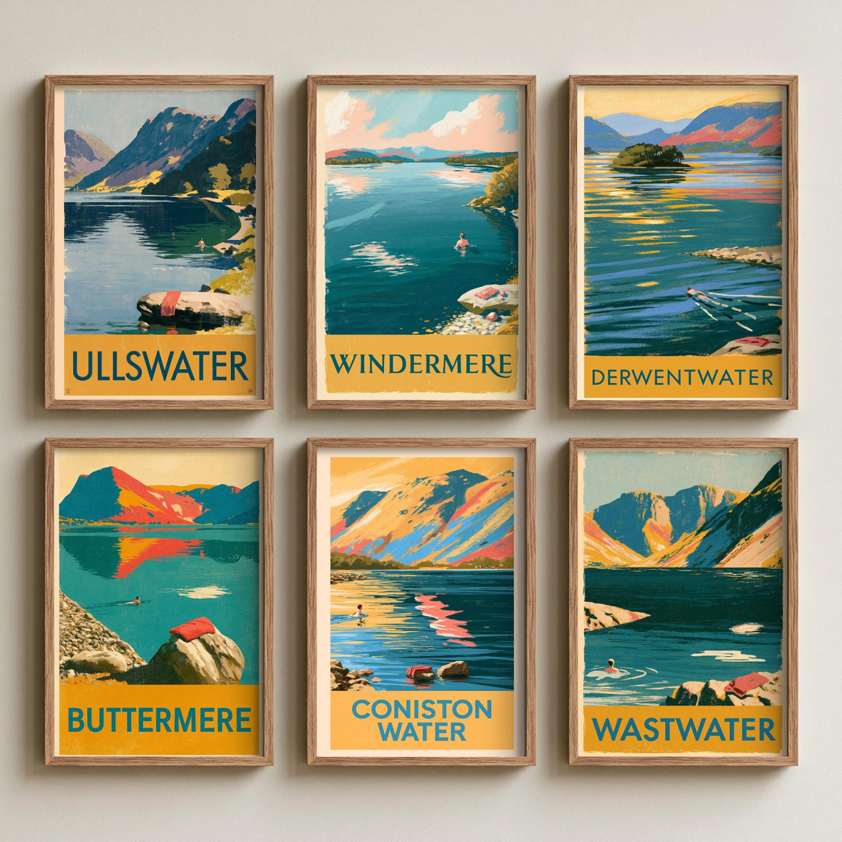 Set of Six Lake District Swimming Art Prints - 6 Vintage Wild Swim Poster Illustrations - Ullswater, Windermere, Derwentwater, Buttermere