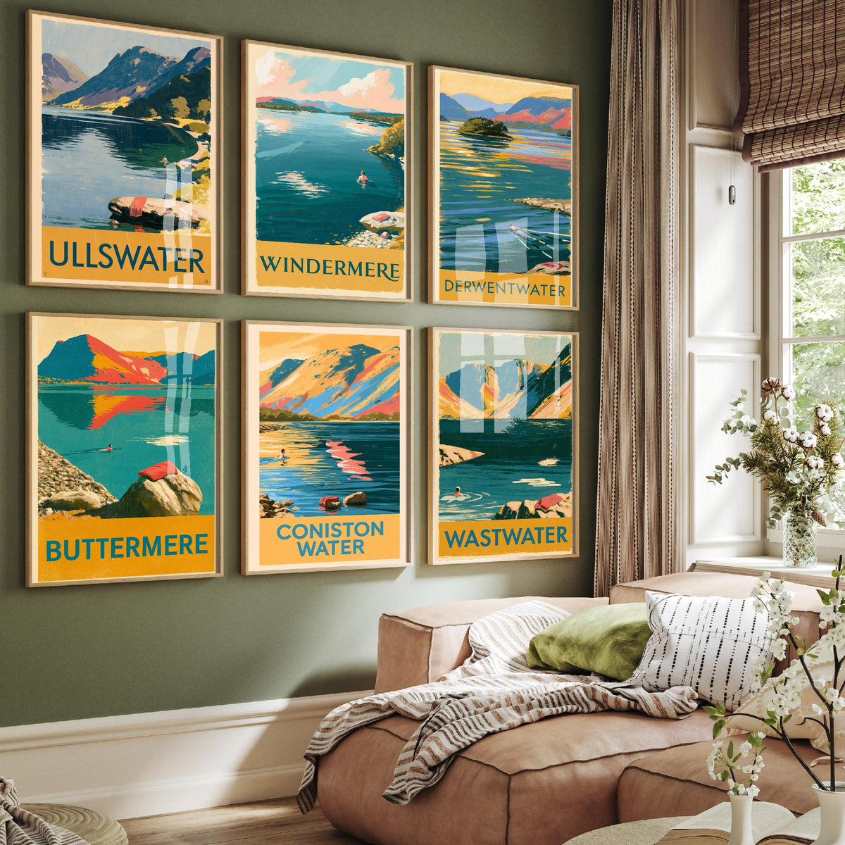 Set of Six Lake District Swimming Art Prints - 6 Vintage Wild Swim Poster Illustrations - Ullswater, Windermere, Derwentwater, Buttermere