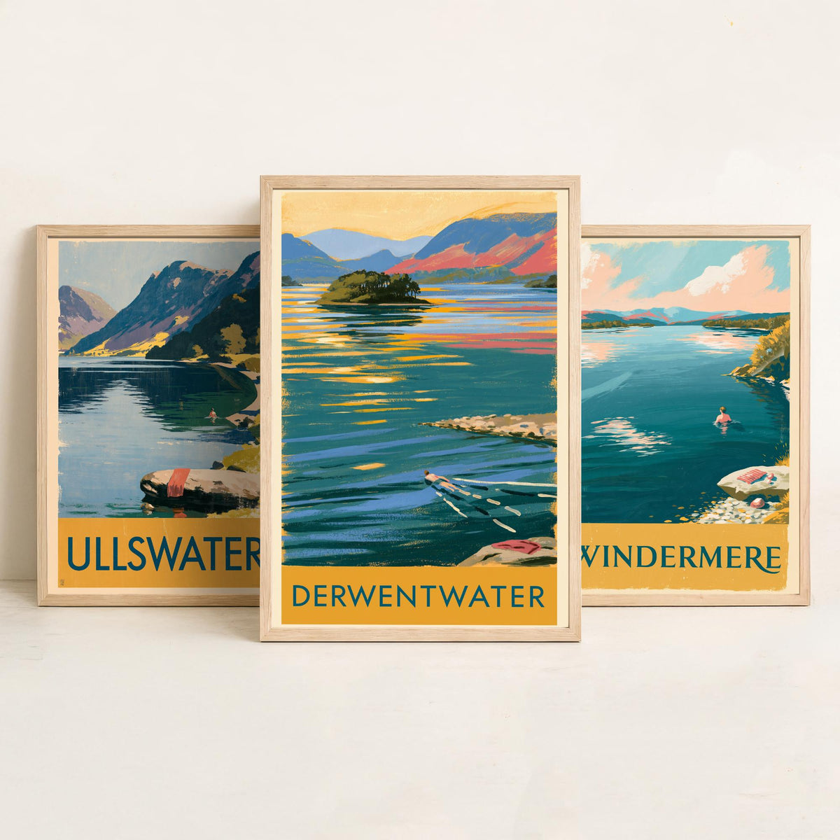 Lake District Swimming Set of Three Art Prints - Ullswater, Windermere, Derwentwater - Vintage Wild Swim Travel Poster Illustration V1