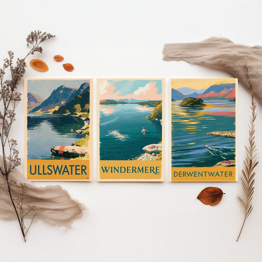 Lake District Swimming Set of Three Art Prints - Ullswater, Windermere, Derwentwater - Vintage Wild Swim Travel Poster Illustration V1