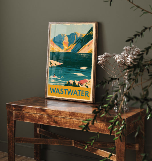 Wastwater Wild Swimming Travel Poster - Lake District Art Print - Vintage Cold Water Swim Illustration - Cumbria Lakes