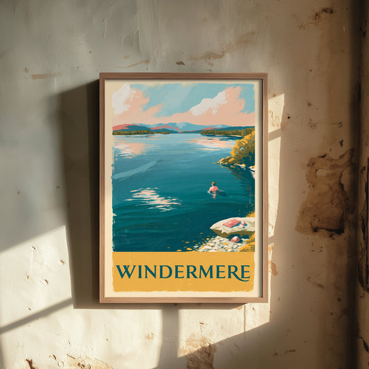 Windermere Wild Swimming Travel Poster - Lake District Art Print - Vintage Cold Water Swim Illustration - Cumbria Lakes