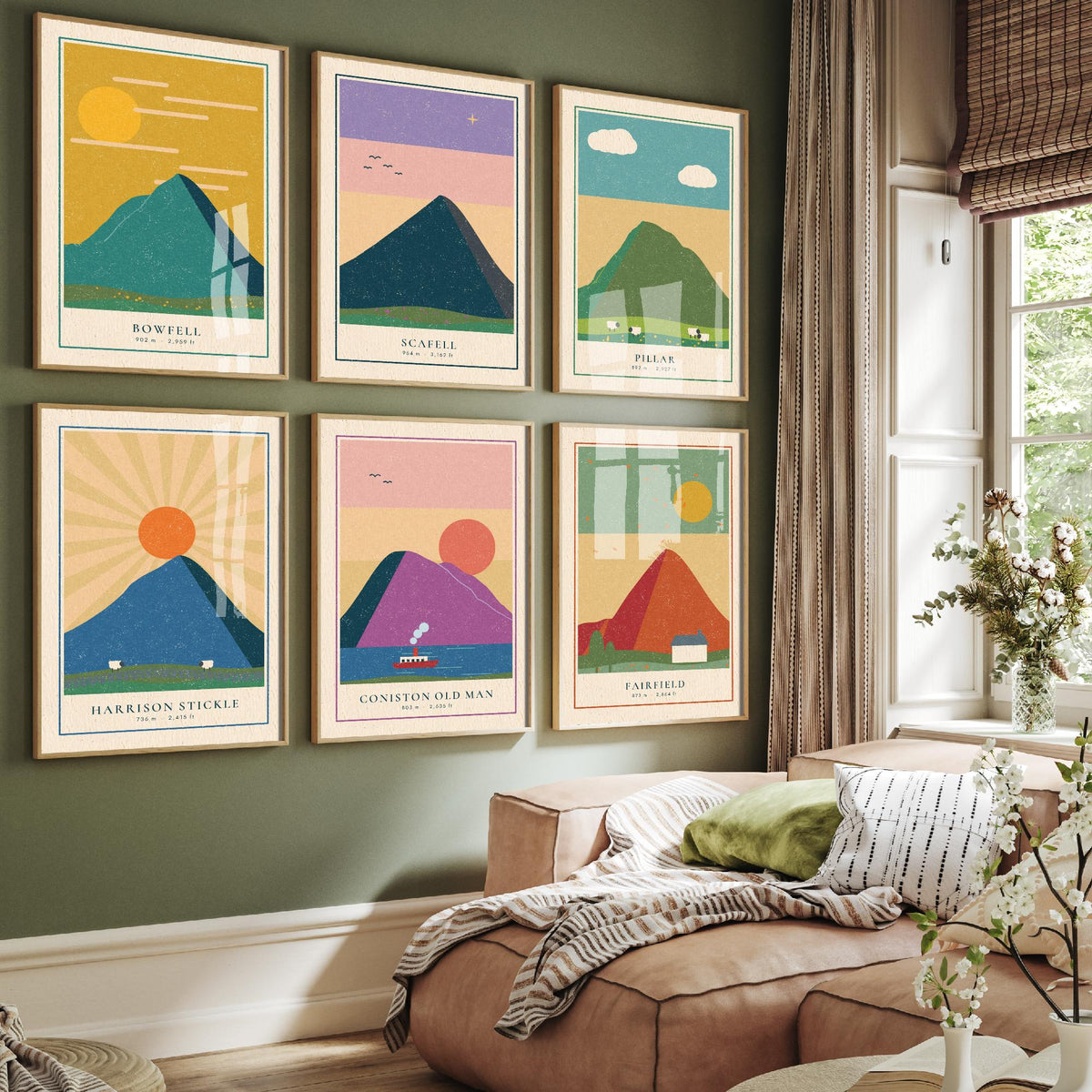 Set of Six Lakeland Art Prints - 6 Linocut Illustration Posters - Bowfell, Scafell, Pillar, Harrison Stickle, Coniston Old Man, Fairfield