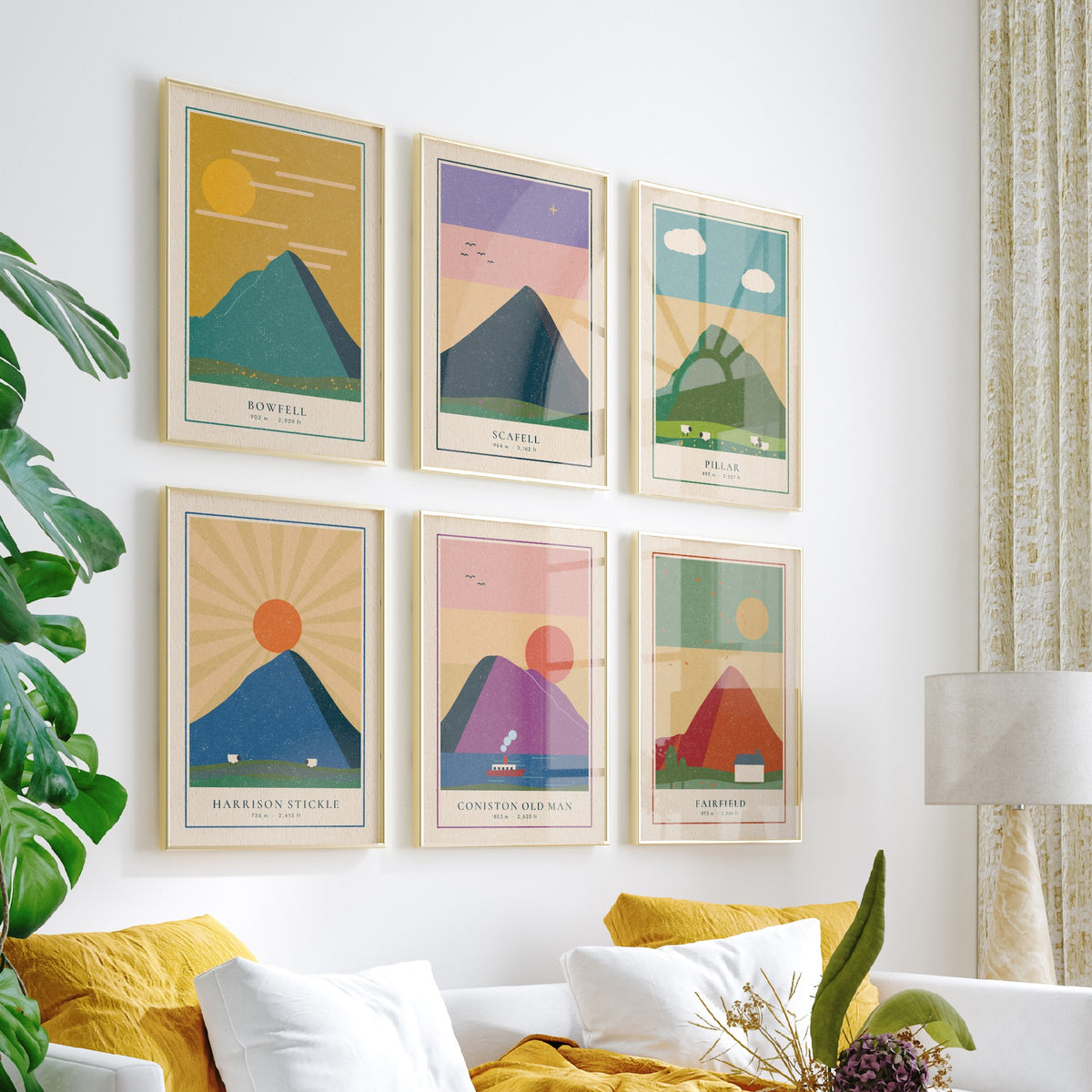 Set of Six Lakeland Art Prints - 6 Linocut Illustration Posters - Bowfell, Scafell, Pillar, Harrison Stickle, Coniston Old Man, Fairfield