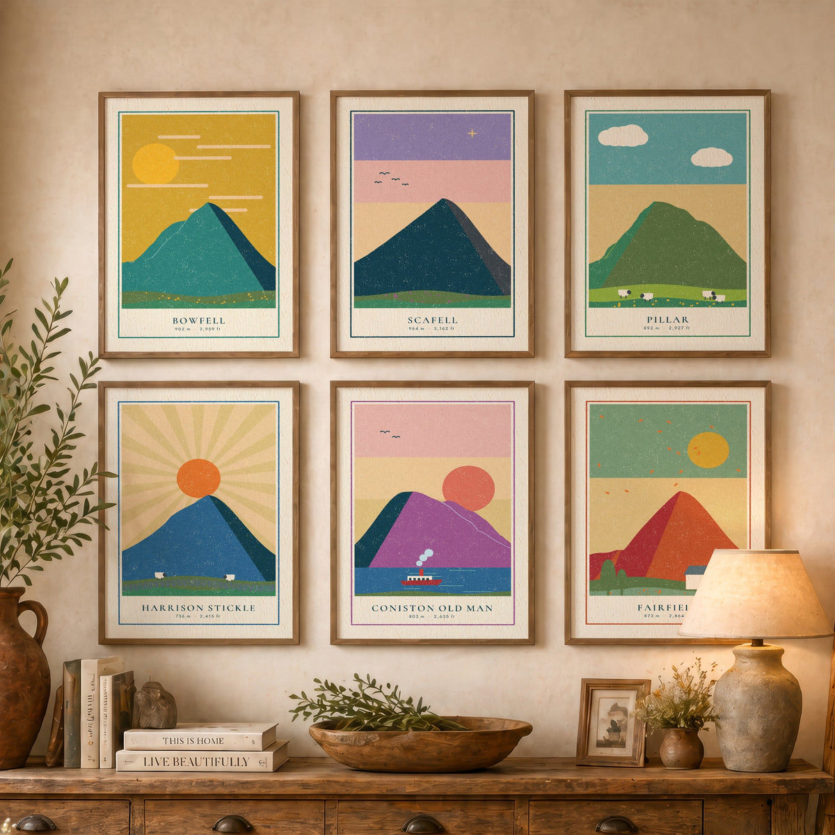 Set of Six Lakeland Art Prints - 6 Linocut Illustration Posters - Bowfell, Scafell, Pillar, Harrison Stickle, Coniston Old Man, Fairfield