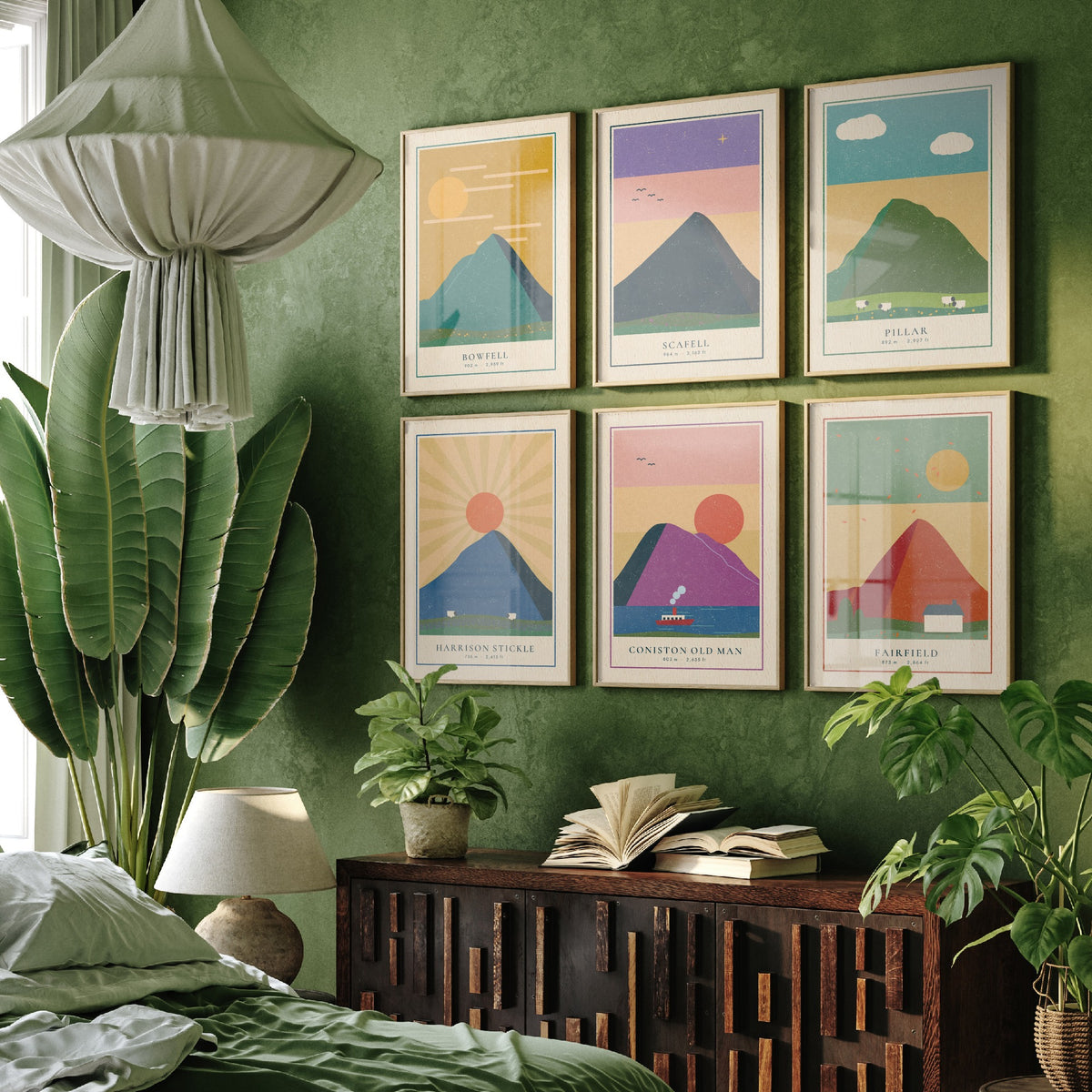 Set of Six Lakeland Art Prints - 6 Linocut Illustration Posters - Bowfell, Scafell, Pillar, Harrison Stickle, Coniston Old Man, Fairfield