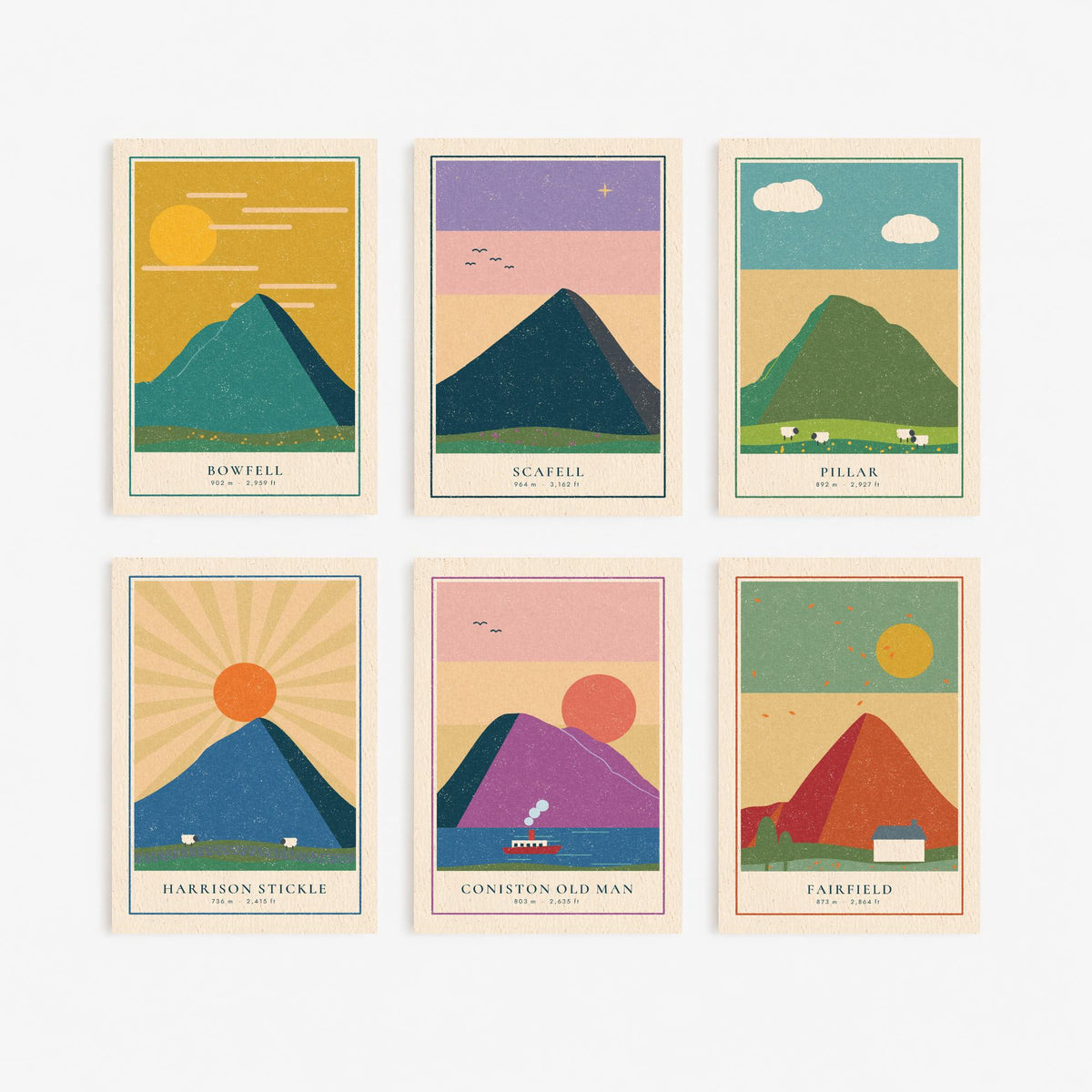 Set of Six Lakeland Art Prints - 6 Linocut Illustration Posters - Bowfell, Scafell, Pillar, Harrison Stickle, Coniston Old Man, Fairfield