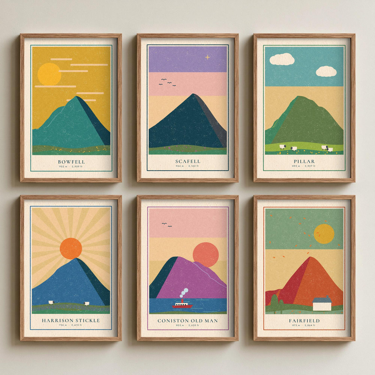 Set of Six Lakeland Art Prints - 6 Linocut Illustration Posters - Bowfell, Scafell, Pillar, Harrison Stickle, Coniston Old Man, Fairfield