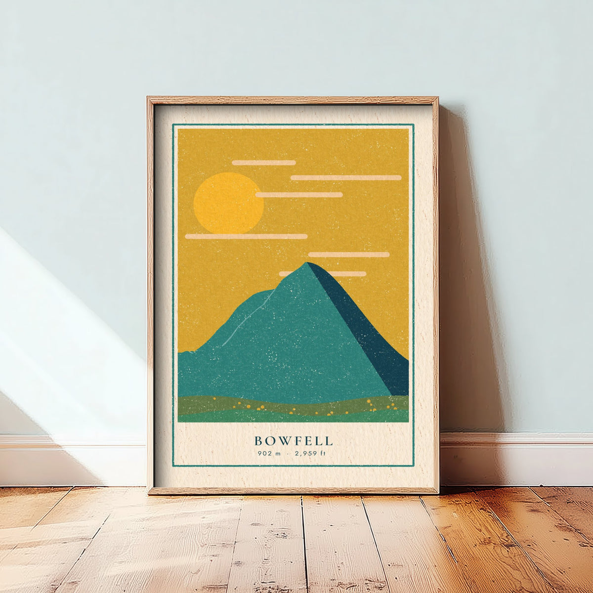Bowfell Art Print - Lake District Fell Poster - Mustard Sky Linocut Style Illustration V1 1/3
