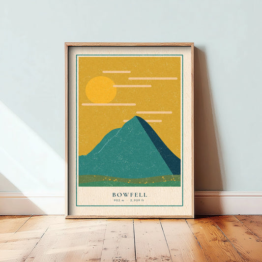 Bowfell Art Print - Lake District Fell Poster - Mustard Sky Linocut Style Illustration V1 1/3