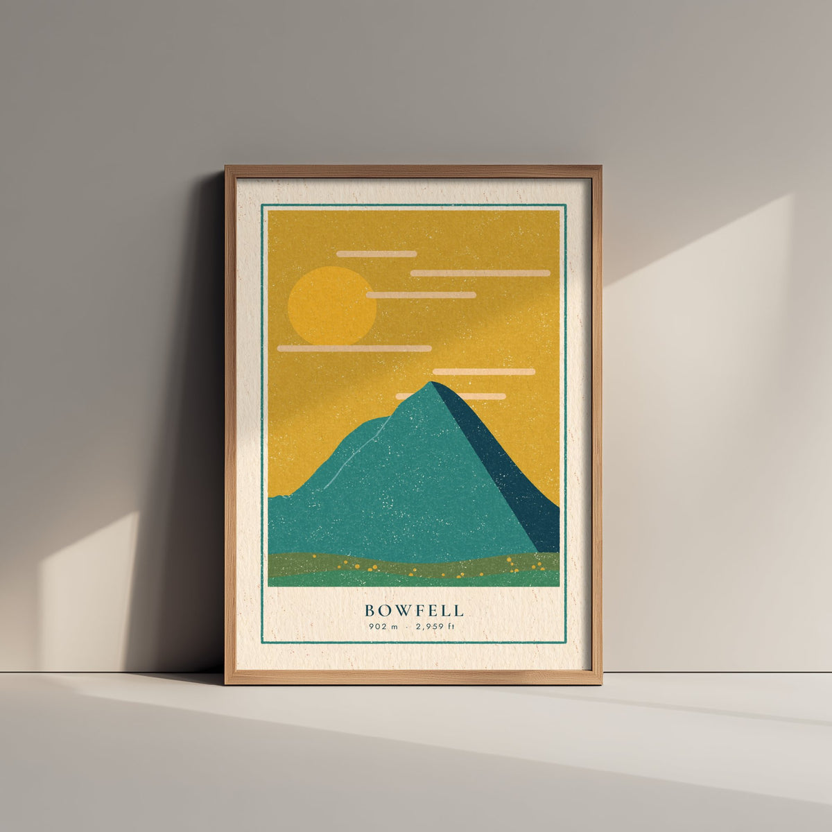 Bowfell Art Print - Lake District Fell Poster - Mustard Sky Linocut Style Illustration V1 1/3