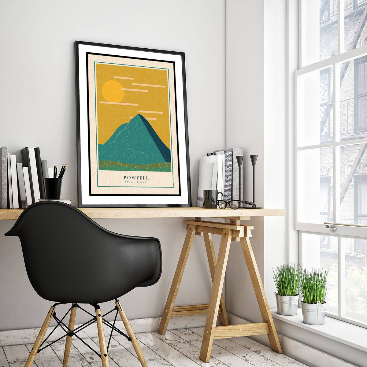 Bowfell Art Print - Lake District Fell Poster - Mustard Sky Linocut Style Illustration V1 1/3