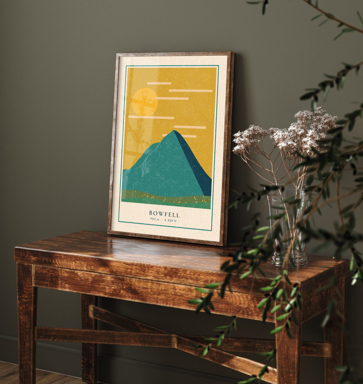 Bowfell Art Print - Lake District Fell Poster - Mustard Sky Linocut Style Illustration V1 1/3