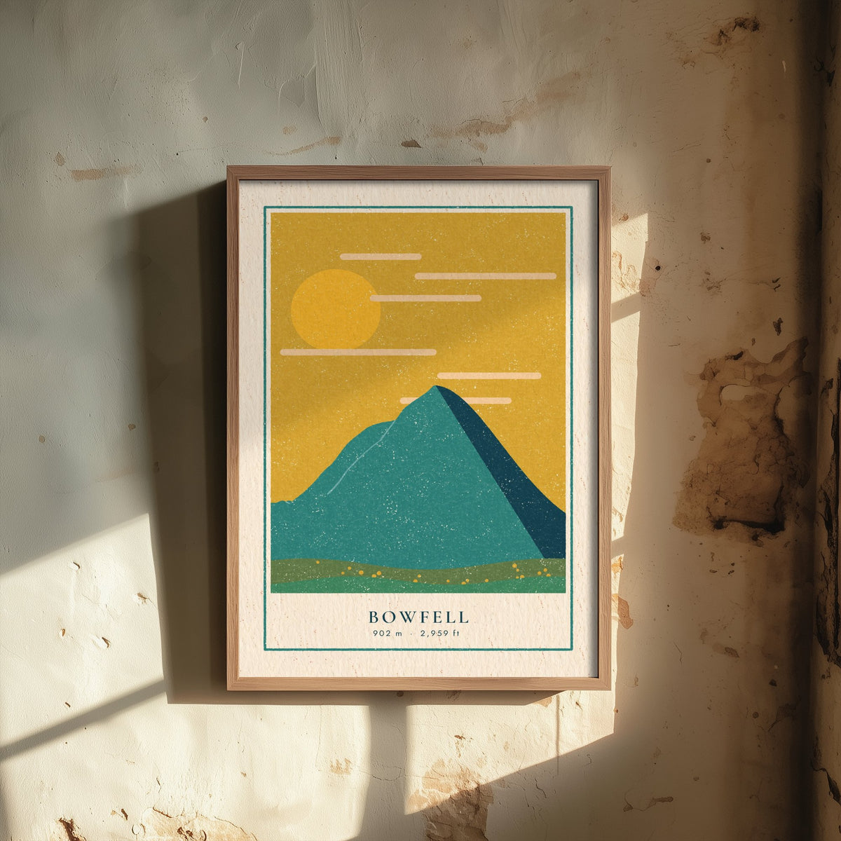 Bowfell Art Print - Lake District Fell Poster - Mustard Sky Linocut Style Illustration V1 1/3