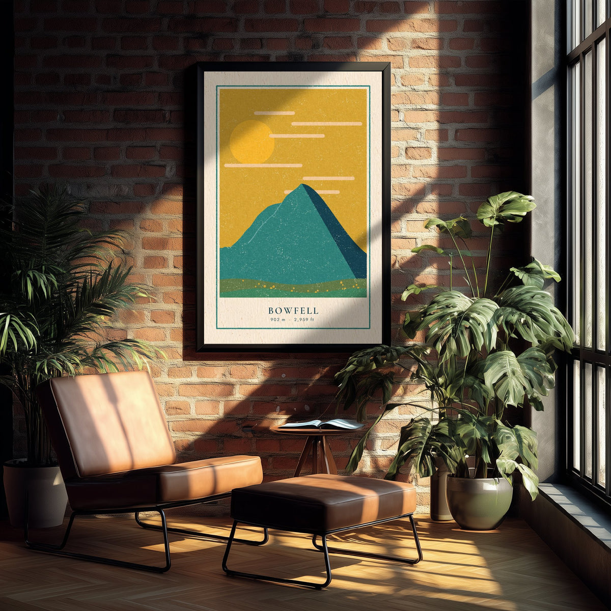 Bowfell Art Print - Lake District Fell Poster - Mustard Sky Linocut Style Illustration V1 1/3