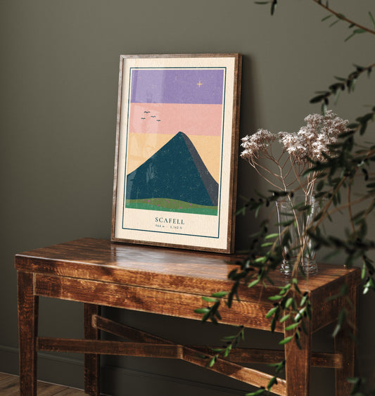 Scafell Art Print - Wasdale Mountain at Dusk Poster - Lilac Sky Woodcut V1 2/3