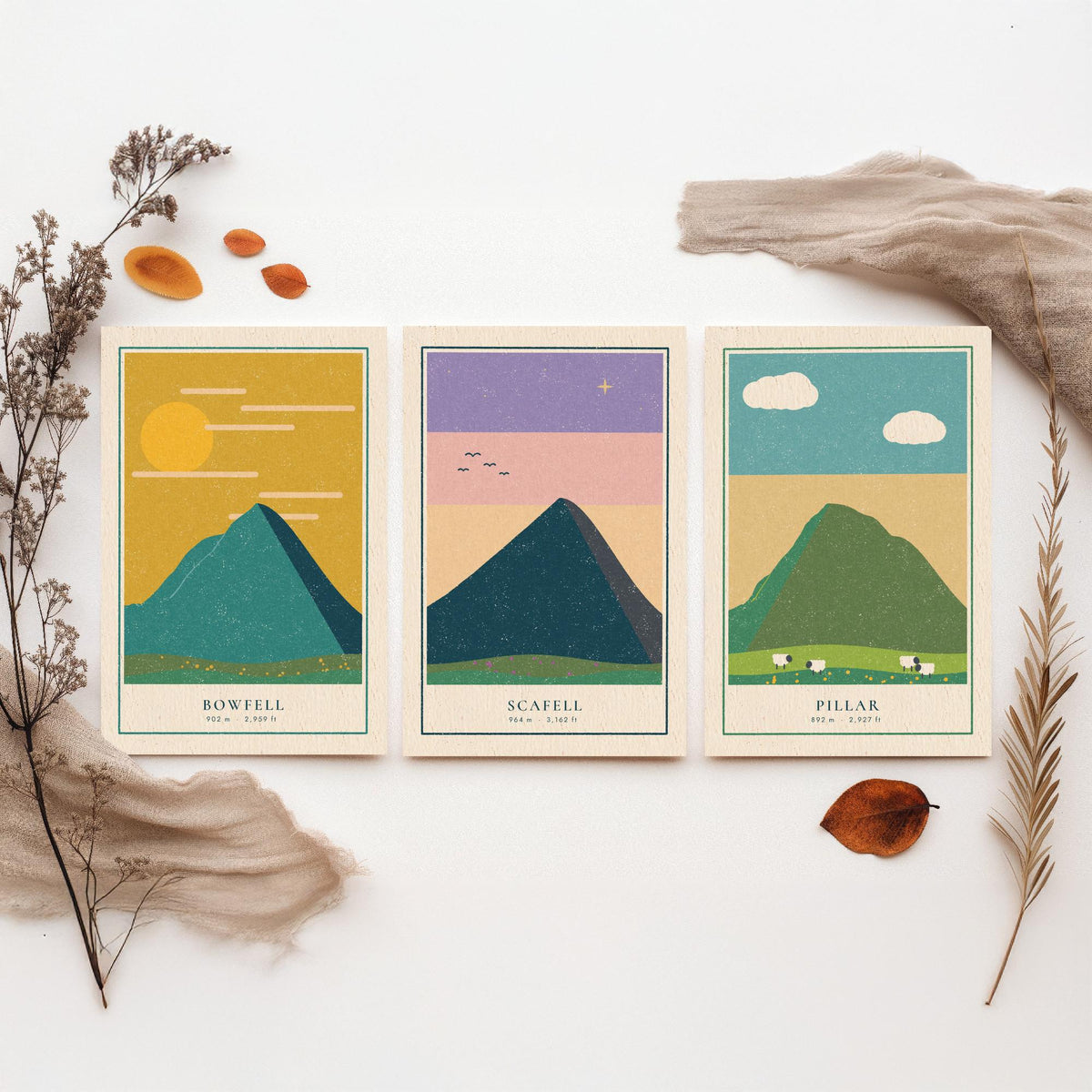 Lakeland Fells Set of Three Art Prints - Bowfell, Scafell, Pillar - Linocut Style Poster Illustration V1
