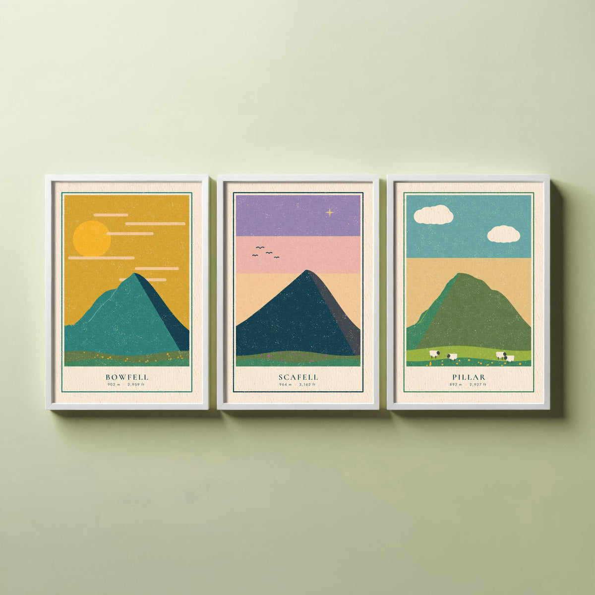 Lakeland Fells Set of Three Art Prints - Bowfell, Scafell, Pillar - Linocut Style Poster Illustration V1