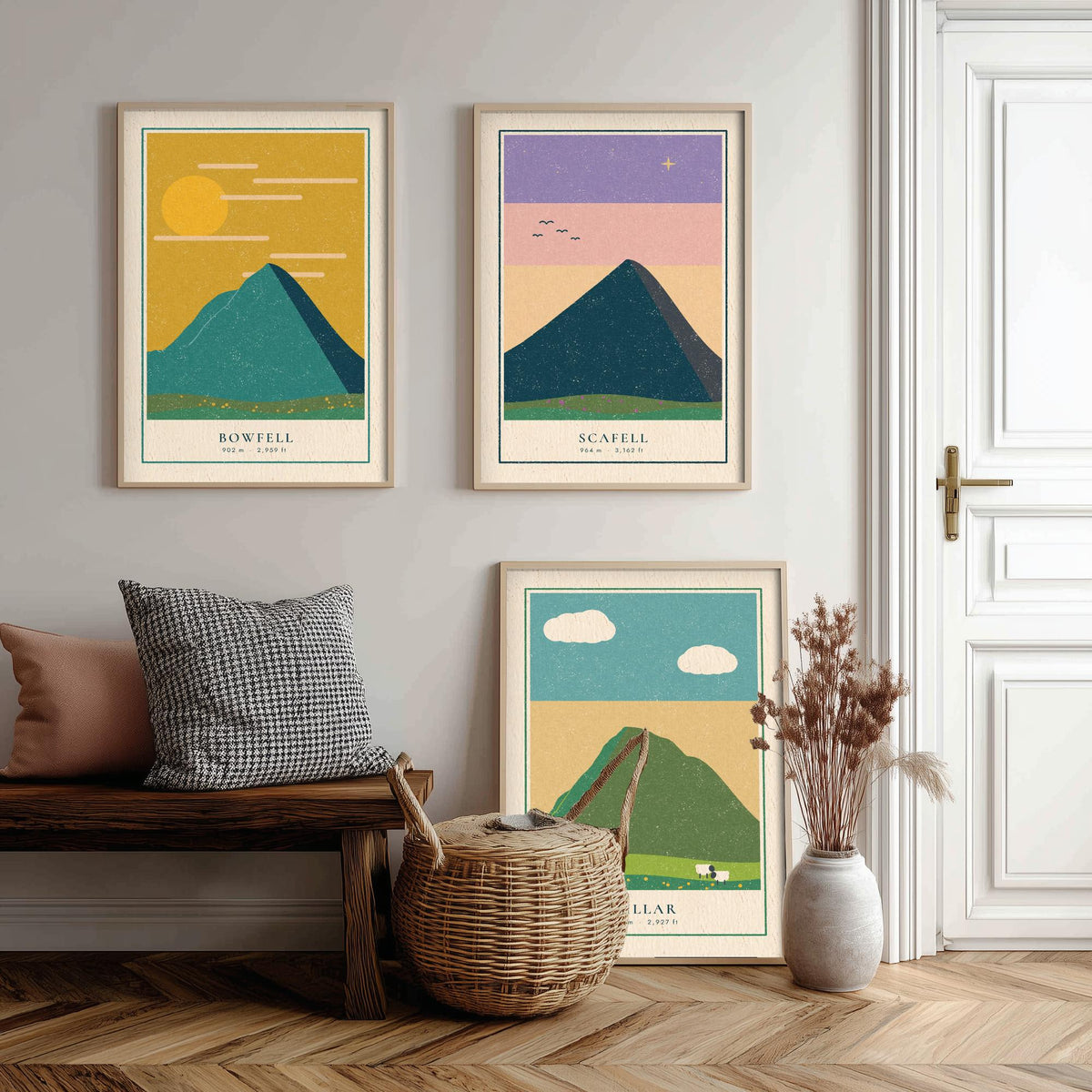 Lakeland Fells Set of Three Art Prints - Bowfell, Scafell, Pillar - Linocut Style Poster Illustration V1