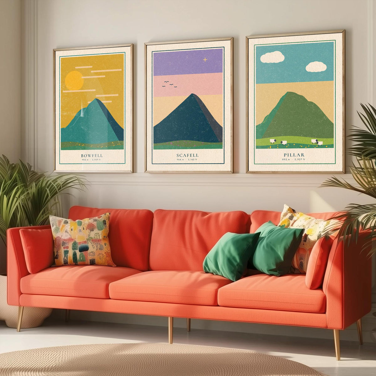 Lakeland Fells Set of Three Art Prints - Bowfell, Scafell, Pillar - Linocut Style Poster Illustration V1