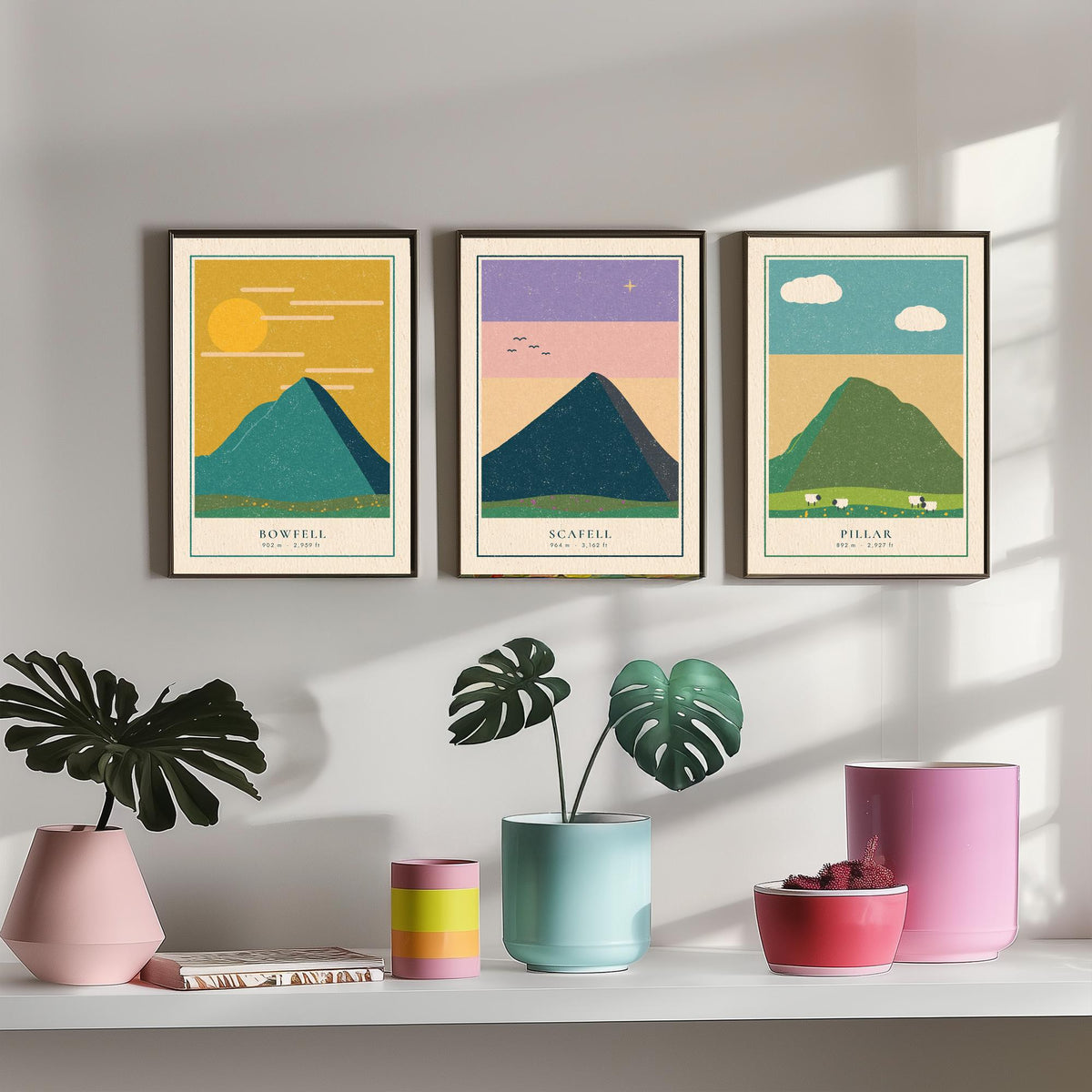 Lakeland Fells Set of Three Art Prints - Bowfell, Scafell, Pillar - Linocut Style Poster Illustration V1