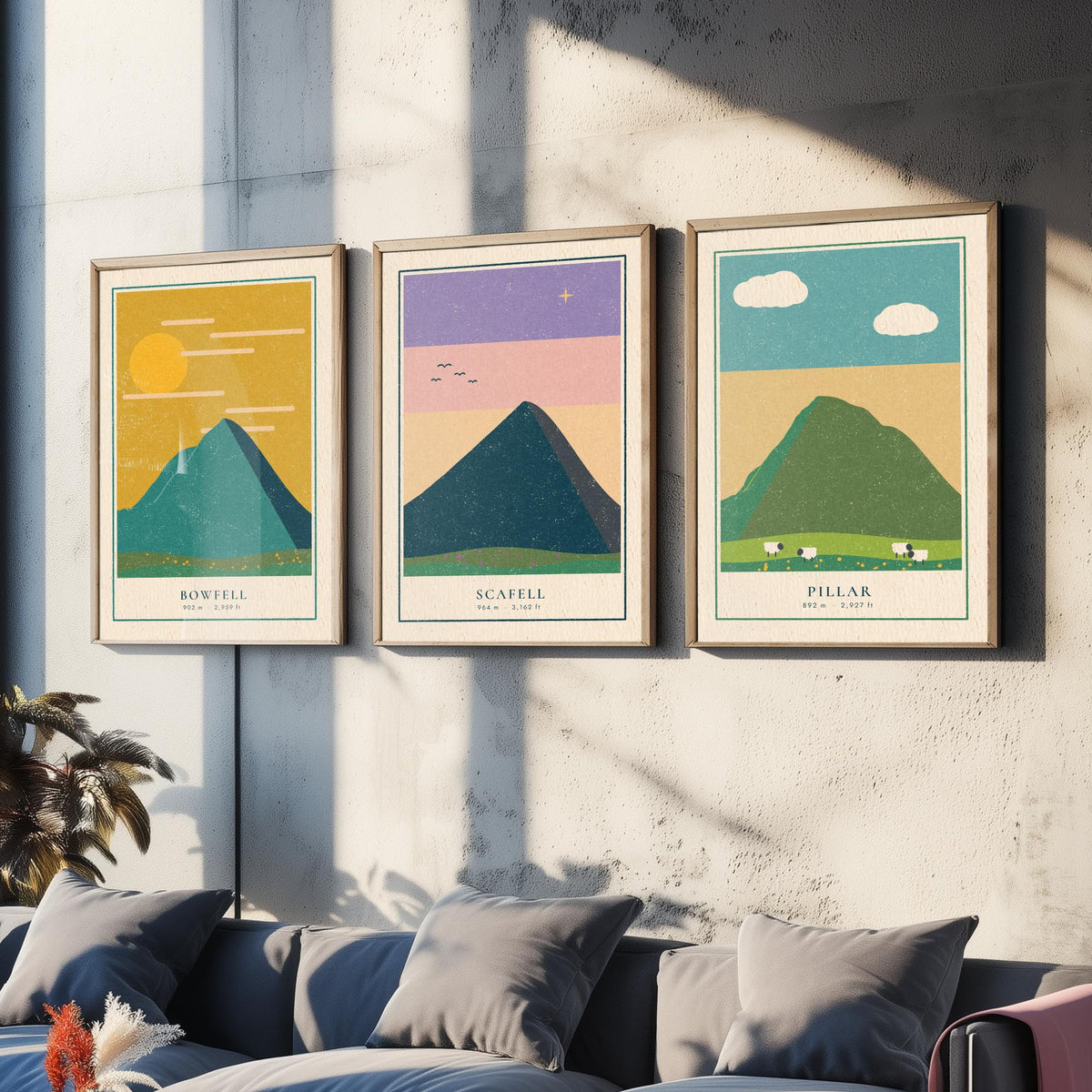 Lakeland Fells Set of Three Art Prints - Bowfell, Scafell, Pillar - Linocut Style Poster Illustration V1