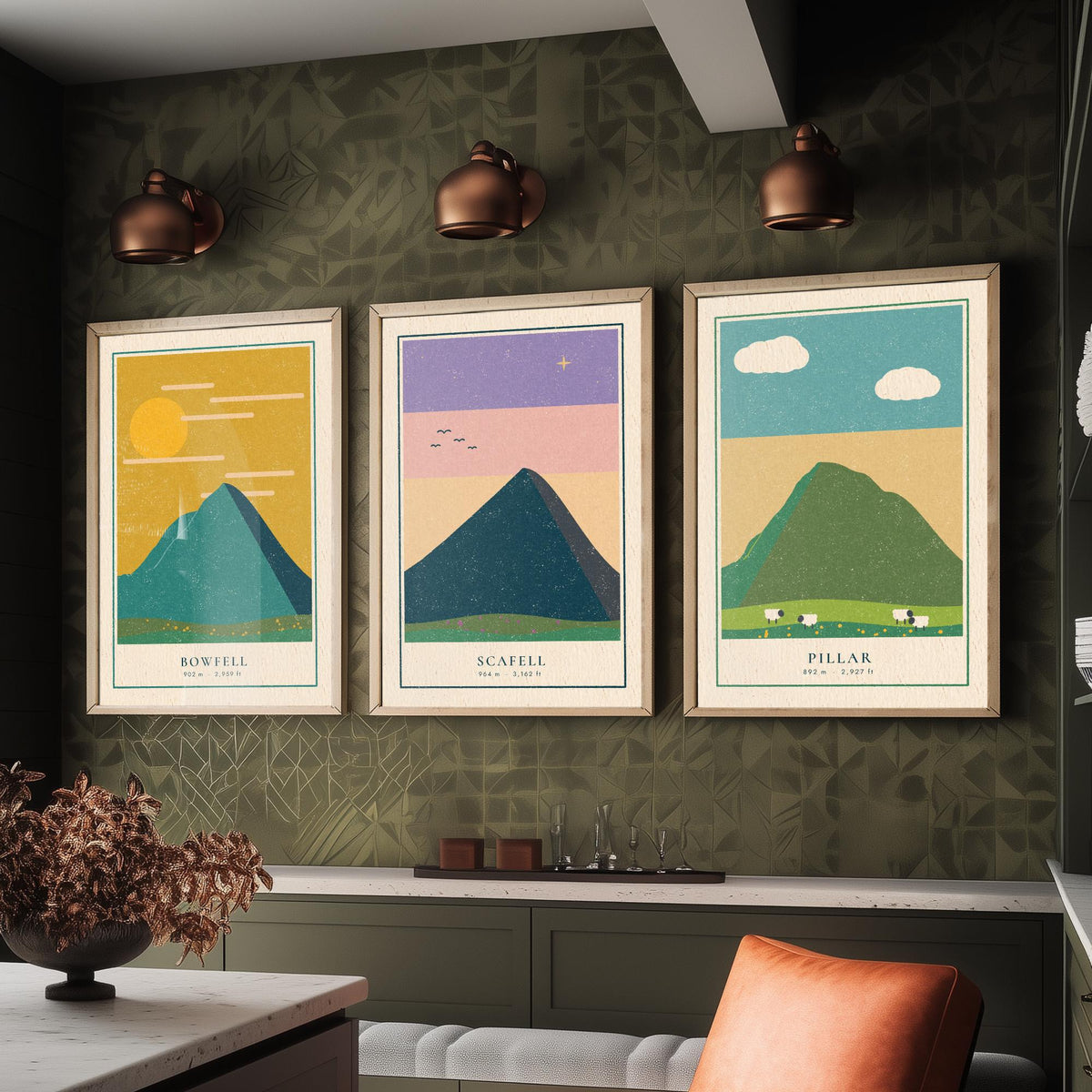Lakeland Fells Set of Three Art Prints - Bowfell, Scafell, Pillar - Linocut Style Poster Illustration V1