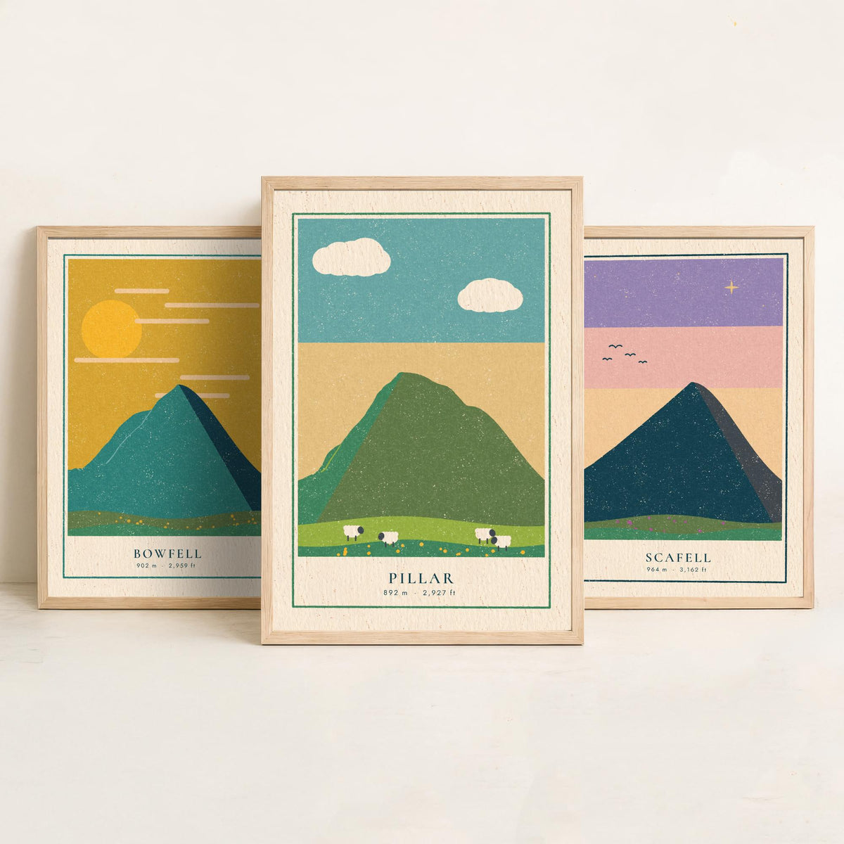 Lakeland Fells Set of Three Art Prints - Bowfell, Scafell, Pillar - Linocut Style Poster Illustration V1
